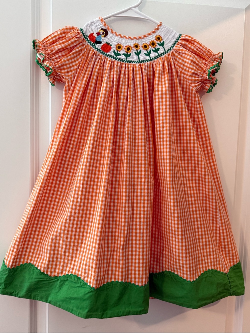 Lil Cactus Girls Orange Gingham Holiday Dress with Sunflower Smocking